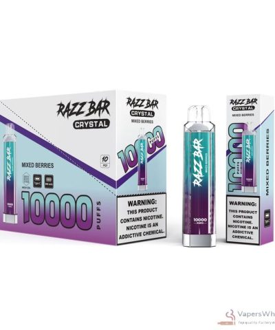 Razz Bar Crystal 10000 bouffées Vape rechargeable - Nicotine salée 0%/2%, 16 saveurs